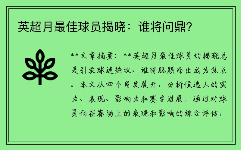 英超月最佳球员揭晓：谁将问鼎？